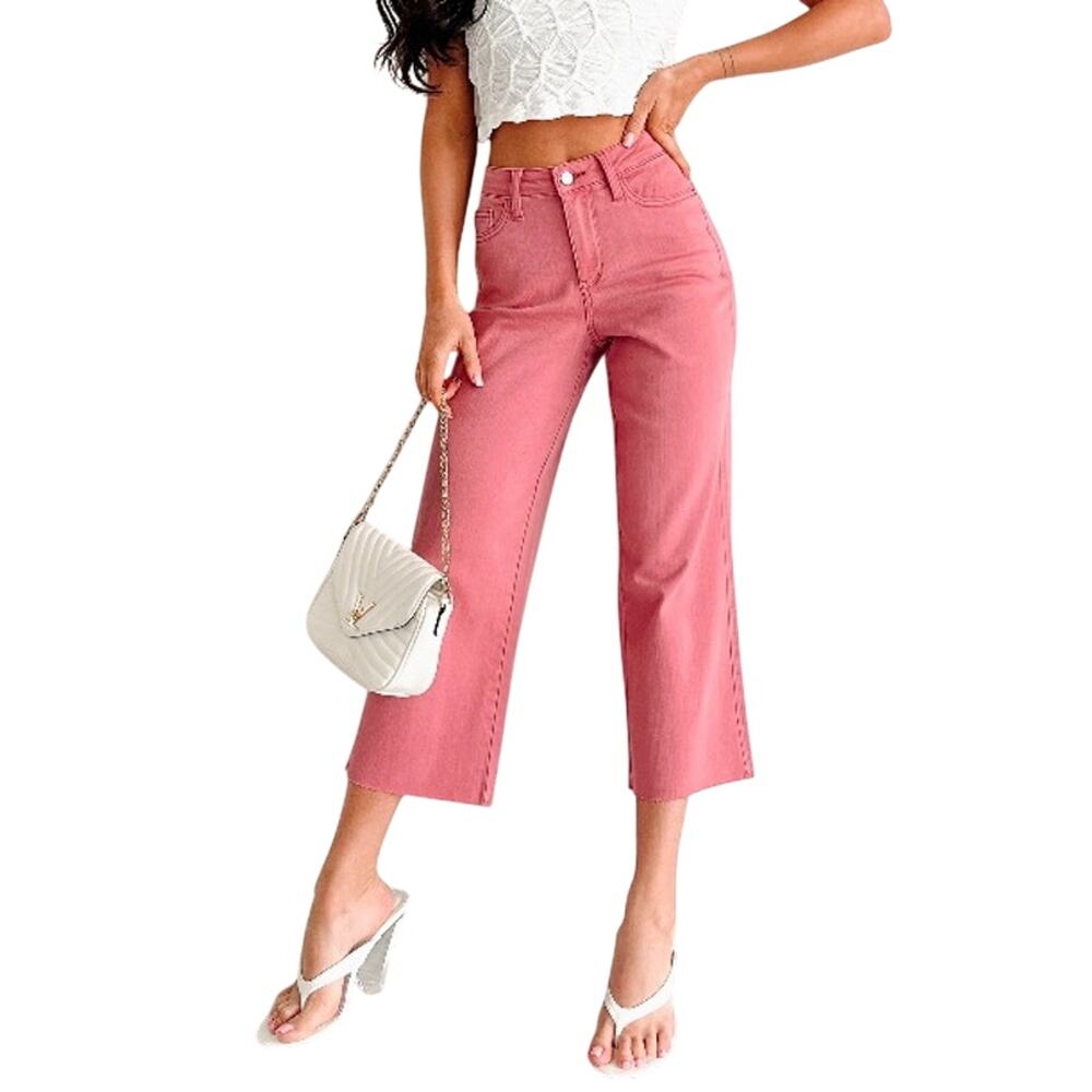 Judy Blue High Waist Rose Pink Wide Leg Crop Jeans Raw Hem Size 3/26 NWT